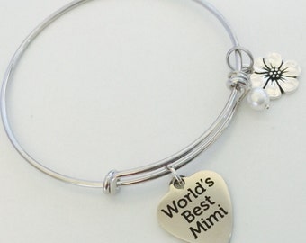 Mimi Bracelet, Worlds Best Mimi, Charm bracelet, silver bangle, Grandmother gift, stainless steel, grandma, mother's day