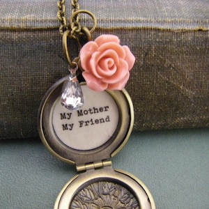 My Mother My Friend Locket Necklace Rose Dangle Rhinestone Dangle Gift For Mom Mother Of Bride Daughter To Mom Gift Quote Locket image 1