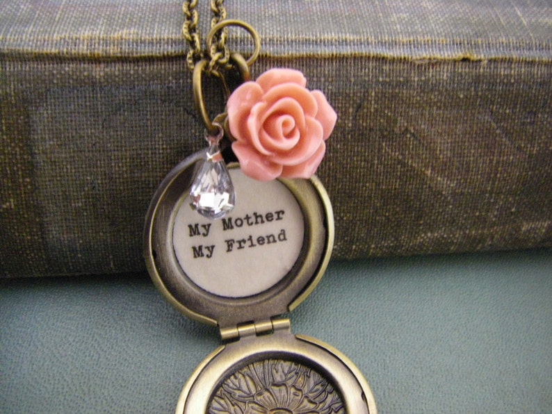 My Mother My Friend Locket Necklace Rose Dangle Rhinestone Dangle Gift For Mom Mother Of Bride Daughter To Mom Gift Quote Locket image 1