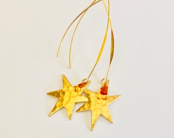 Gold Star earrings, hammered star dangles