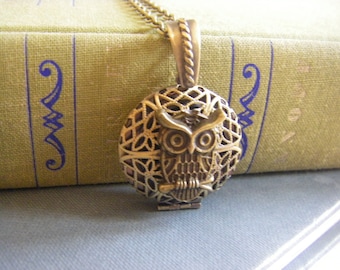 Owl Locket Necklace filigree scent locket antique brass gift for her under 25 under 30