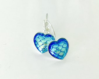 Mermaid earrings, blue mermaid scales, heart mermaid earrings, silver mermaid dangles