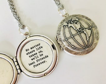 Best Friend Gift.  Best Friends Forever Necklace.  Globe Locket. Friendship locket. Map Necklace. Keychain