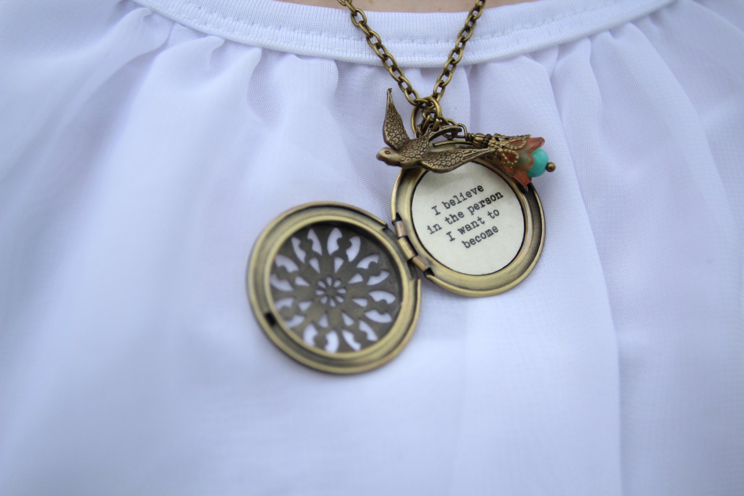 I Believe In The Person I Want To Become Locket Necklace Boho Bohemian Brass Locket Necklace With Quote