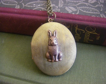 Vintage Rabbit Locket, Bunny locket, rabbit necklace, Brass Oval