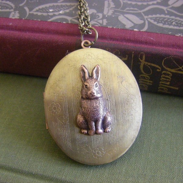 Vintage Rabbit Locket, Bunny locket, rabbit necklace, Brass Oval