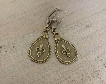 Fleur De Lis Earrings, Brass Dangles, Paris, French