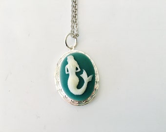 Mermaid Locket Necklace, Mermaid Cameo, silver locket, gift for her