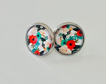 Poppy flower stud earrings, stainless steel, gift for her