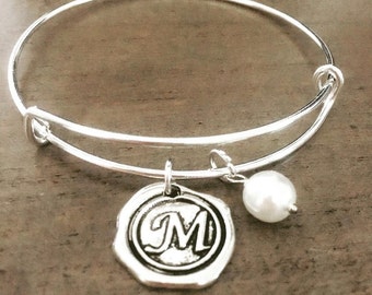 Wax Seal Letter Charm Bangle Bracelet Glass Pearl Silver Personalized Gift Any Letter Initial