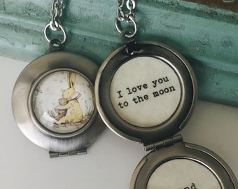 I love you to the moon and back necklace, bunny locket, nutbrown hare, gift for daughter
