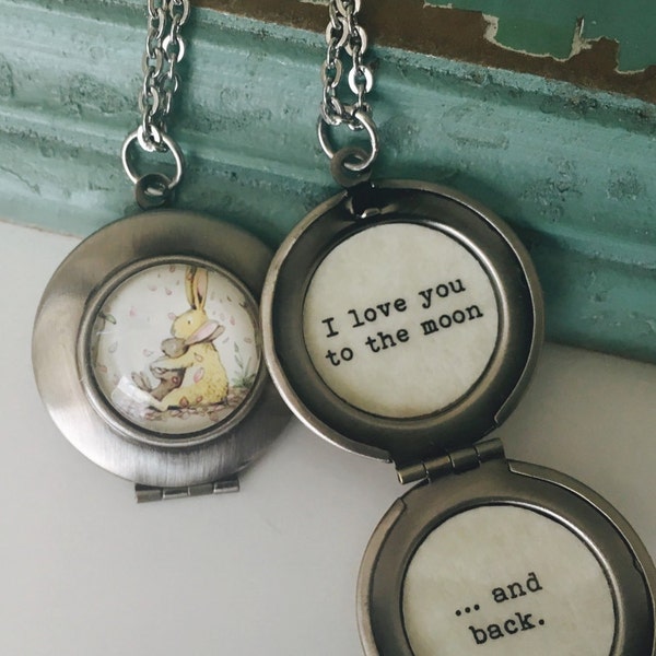 I love you to the moon and back necklace, bunny locket, nutbrown hare, gift for daughter