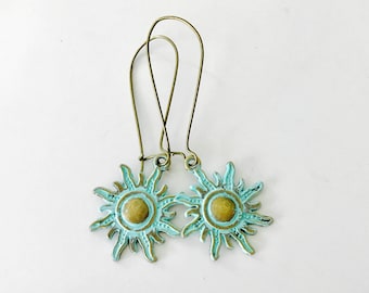 Patina Sun Earrings, bronze sun dangles, boho, bohemian jewelry