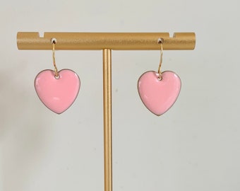 Pink Heart Earrings, pink enamel, pink and gold Valentine earrings