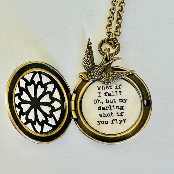 What if I fall Oh but my darling what if you fly brass filigree locket with sparrow bird motivation inspiration courage leaving home