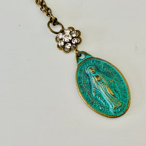 Miraculous medal necklace, aged patina, Swarovski