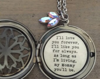 Engraved Mother Locket, Aurora Borealis Swarovski, "I'll Love You Forever"