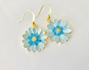 Enamel Daisy Earrings, Blue And Gold dangles, Spring Jewelry