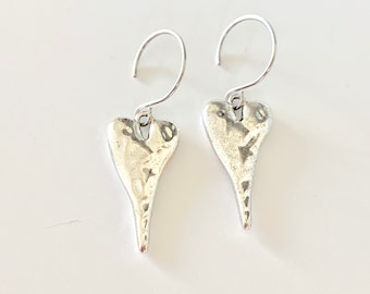 Silver hammered heart earrings, stainless steel wires