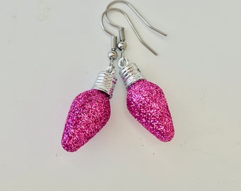 Christmas Lights Earrings, Hot pink Bulb dangles, Holiday Jewelry