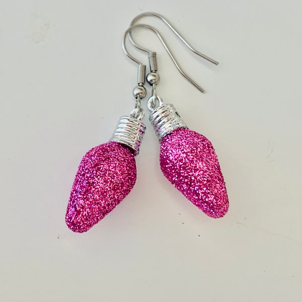 Christmas Lights Earrings, Hot pink Bulb dangles, Holiday Jewelry