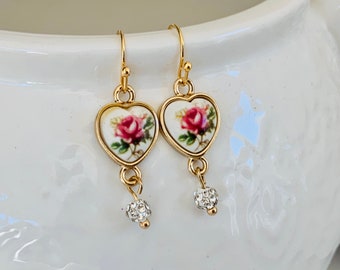 Heart rose earring dangles, vintage style earrings