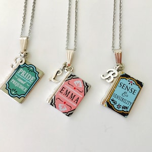 Book Necklace, Initial Book Pendant, Jane Austen, Literary Gift