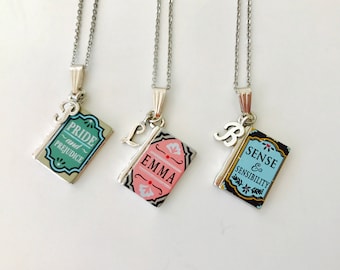 Book Necklace, Initial Book Pendant, Jane Austen, Literary Gift
