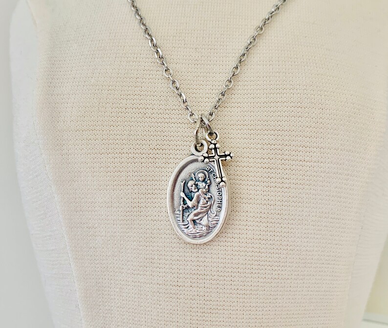 Saint Christopher Protect Us Pendant Necklace Stainless Steel Etsy