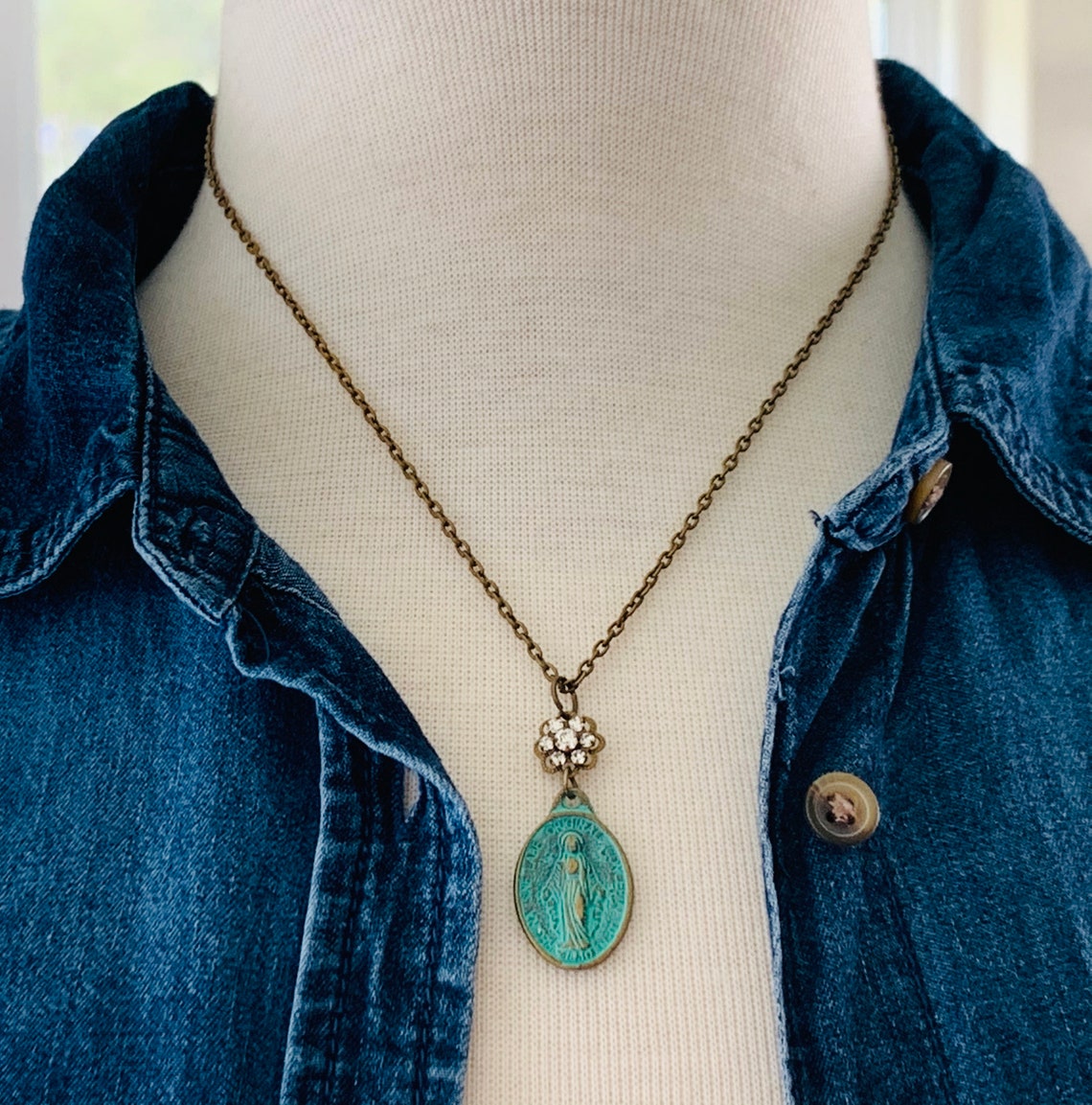 Miraculous Medal Necklace Aged Patina Swarovski Etsy