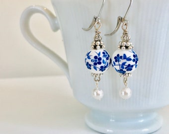 Blue and white earrings, ginger jar earrings, navy and white dangles