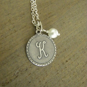 Initial Letter K Necklace Sterling Silver Chain Silver Initial Wire Wrapped Glass Pearl Gift For Her Personalized image 2