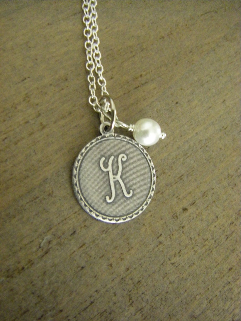 Initial Letter K Necklace Sterling Silver Chain Silver Initial Wire Wrapped Glass Pearl Gift For Her Personalized image 2