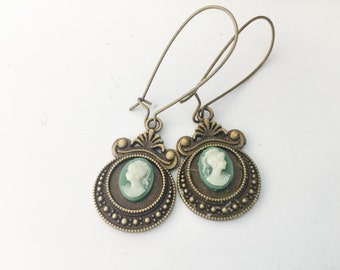 Cameo Earrings, green cameo, goddess, Victorian, brass dangles