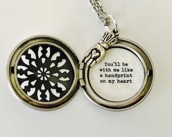 You'll be with me like a handprint on my heart, Silver Locket, Wicked, quote locket, Broadway Necklace, stainless steel