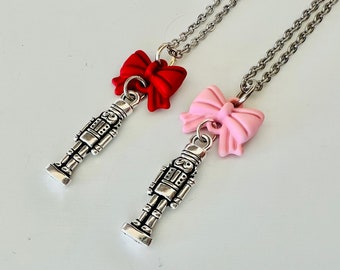 Nutcracker necklace, red pink bow nutcracker pendant