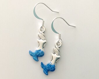 Silver mermaid earrings, blue shimmer mermaids, tiny mermaid dangles, small earrings