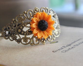 Sunflower Cuff Bracelet, Summer Boho Jewelry