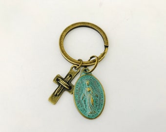 Patina Miraculous Medal Keychain, cross keychain, catholic