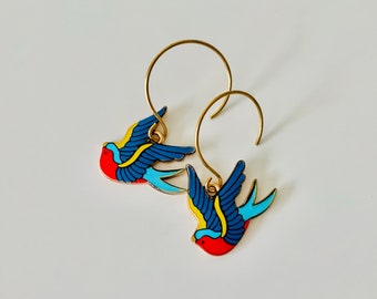 Bird Earrings, colorful enamel bird dangles, blue bird earrings