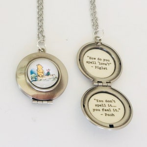 Pooh Locket, How do you spell love? Quote locket, Pooh and piglet necklace