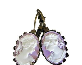 Lavender and white Cameo Earrings, lady silhouette oval dangles,