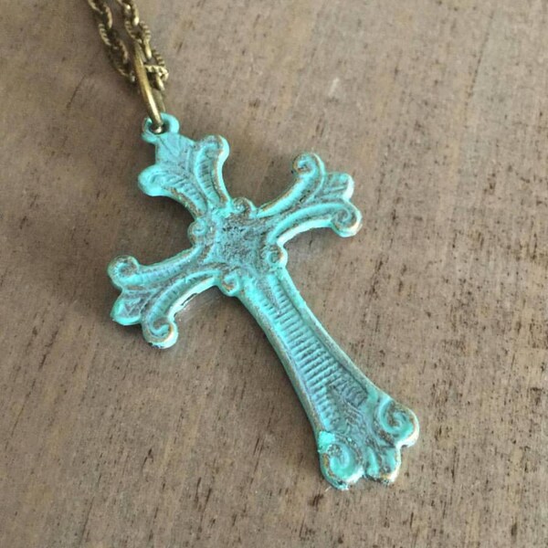Rustic Cross Necklace  patina cross pendant