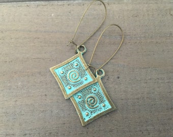 Boho Earrings, bohemian jewelry, patina drops, brass dangles, gypsy, tribal jewlery