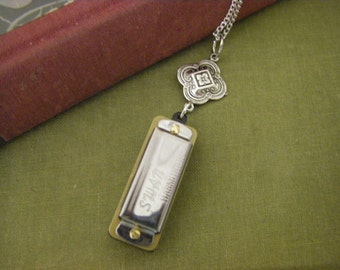 Harmonica Necklace, working mini harmonica,  Medieval Celtic inspired, Stamping Musical Gift , Silver Chain