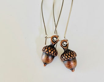Acorn Earrings, copper and silver dangles, fall jewelry