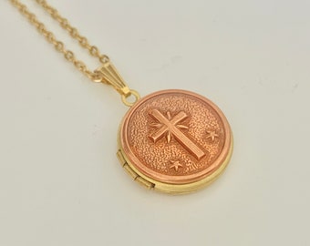 Cross Locket Necklace, copper brass vintage locket