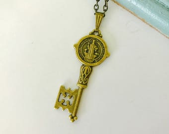 St. Benedict Key Necklace, patron saint of students, key jewelry, bronze key pendant