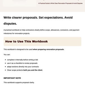 May include: A white document titled "SCOPE & ALLOWANCE BUILDER (CONTRACTOR EDITION)" with text about renovation proposals. The document includes the AK RenoPilot logo and instructions on how to use the workbook. It aims to help contractors define scope and avoid disputes.