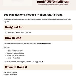 Client-Ready Renovation Kickoff Pack for Contractors | Printable & Type-In 8-Page PDF | Set Expectations, Reduce Disputes